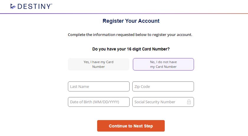 Create Destiny Credit Card Login Account.